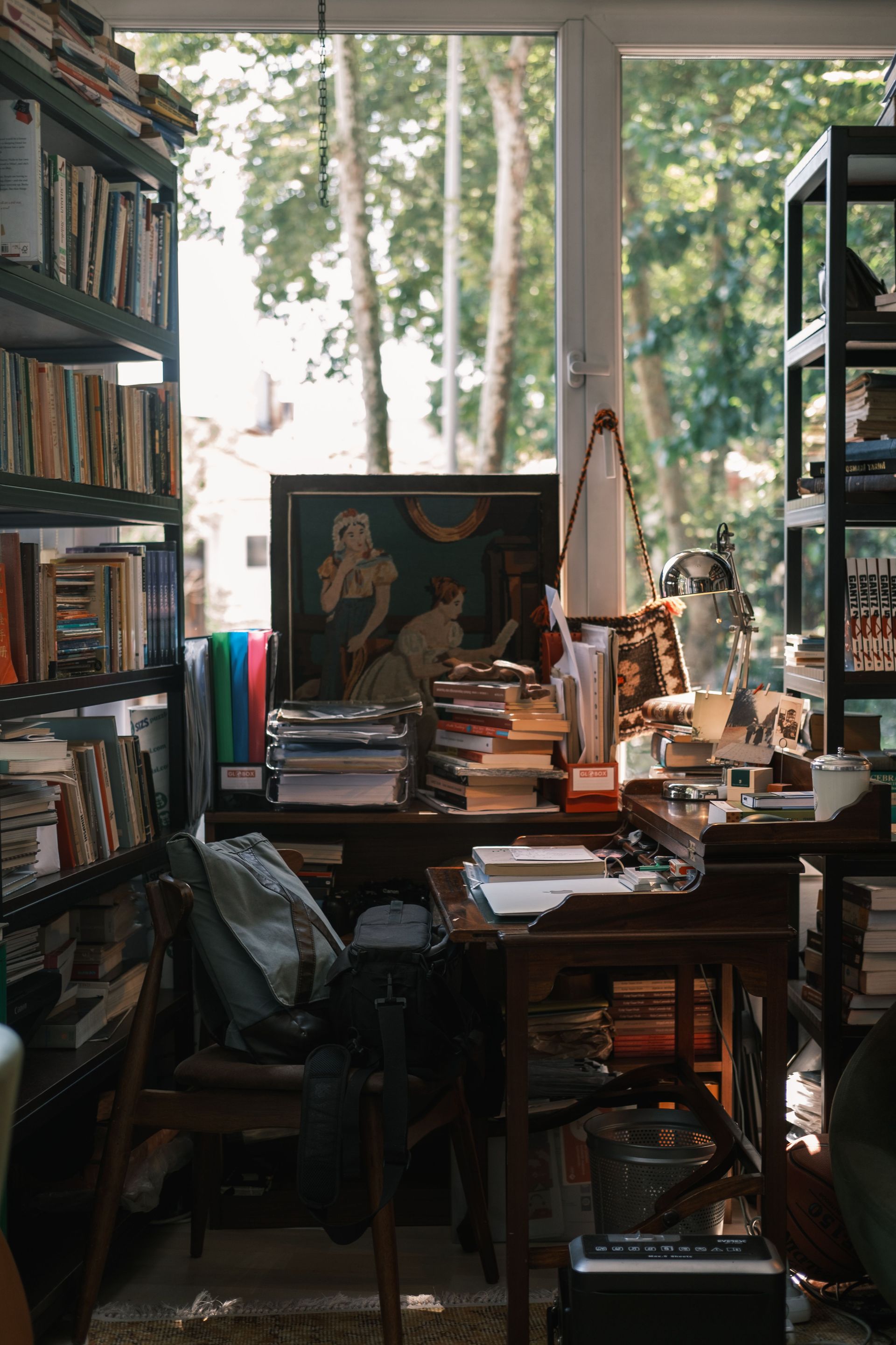 A cluttered home library filled with books, papers, and framed artwork by a window.